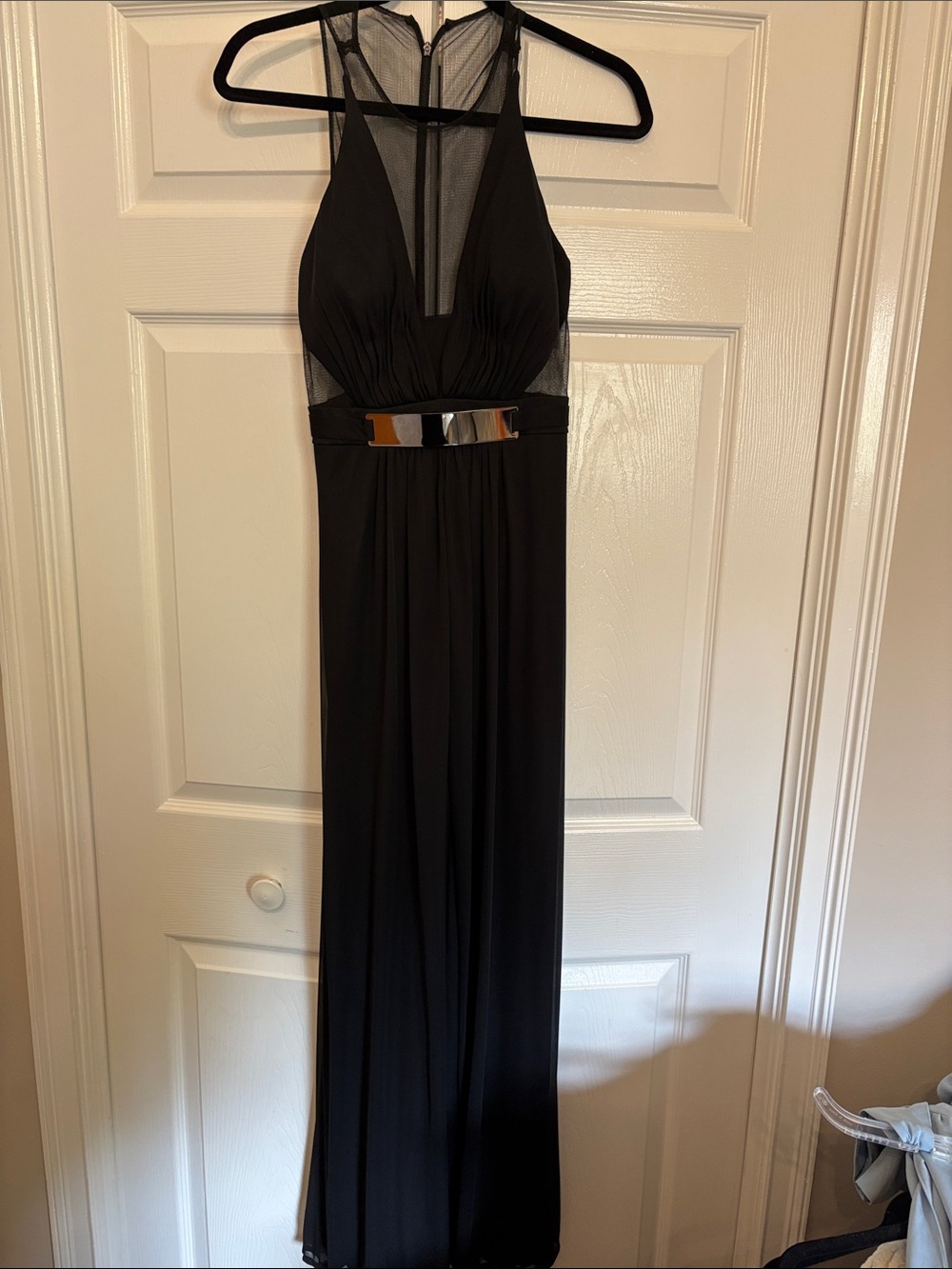 Camille La Vie Black Mesh Halter Evening Gown with Metallic Waist Accent
